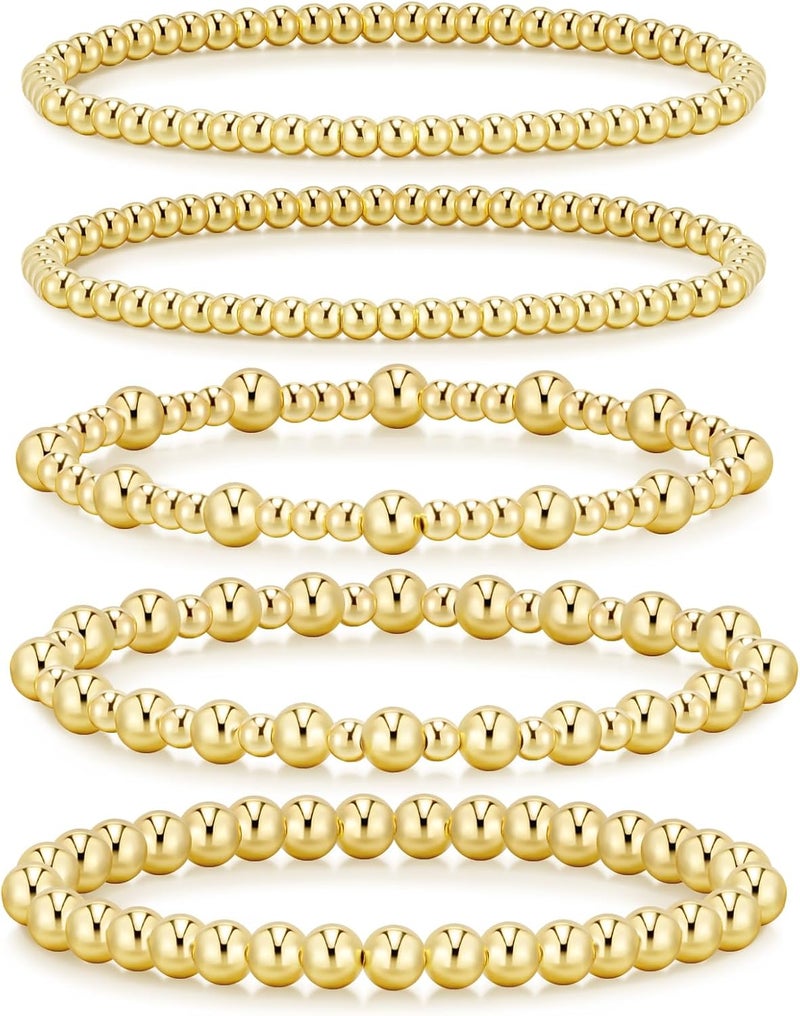 adoyi Gold Bracelets for Women Waterproof, 14K Gold Plated Beaded Strand Bead Ball Bracelets stack Adjustable Jewelry Set for Gifts - Image 1
